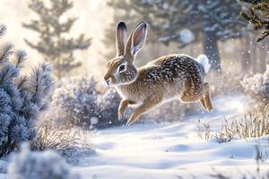 View of a rabbit jumping over a snow-covered field photo