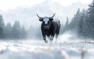 A powerful bull runs through the snowy meadow in a Winter scene photo