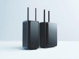 View of a Black Asus Router with Two Antennas on a white background photo