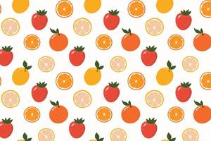 Seamless pattern with fruits on white background. Citrus orange and red strawberry doodle background . vector