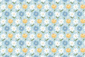 Seamless pattern with orange and white flowers and leaves on a blue background. vector