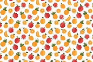 Seamless pattern with fresh fruits on white background. Bananas, oranges, pineapples with green leaf doodle illustration. vector