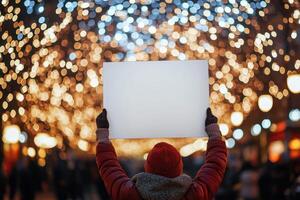 A person holding a blank sign in front of a crowd of people photo