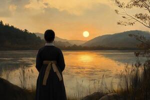 A woman stands on a shore looking out at the sun setting over a lake photo