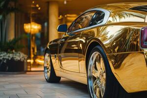 A gold colored car is parked in front of a building photo