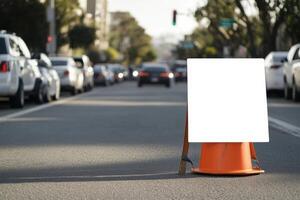 A white sign is on the side of the road photo