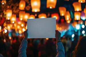 A person holding a blank piece of paper in front of a crowd of people photo