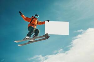 A man is snowboarding in the air with a white sign in his hand photo