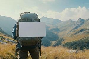 A man is standing on a mountain with a white sign on his back photo