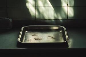 A dirty pan sits on a countertop photo