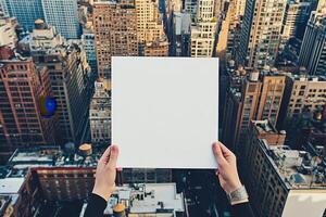 A person holding a white piece of paper in front of a city skyline photo