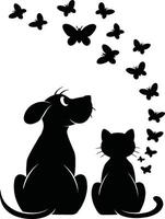 A dog and cat are sitting in front of butterflies vector