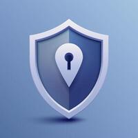 3D blue and white VPN shield icon with lock, symbolizing internet security, firewall, privacy, encryption, password protection, trust, and global network safety in cyberspace. Not ai. vector