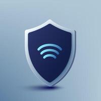 3D blue and white VPN shield icon with wifi, symbolizing internet security, firewall, privacy, encryption, password protection, trust, and global network safety in cyberspace. Not ai. vector