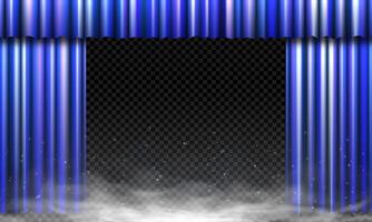 Realistic open blue stage curtain with sparkles, fog and light effect. Elegant velvet drapery on transparent background. Perfect for theater, movie premiere or award presentation. illustration. vector
