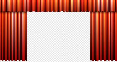 Open red velvet curtain on theatrical stage with panoramic view. Elegant backdrop for classic performance, glamorous event, cinema, concert, lecture or dramatic presentation mockup. vector