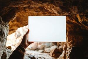 A person holding a white board in a cave photo