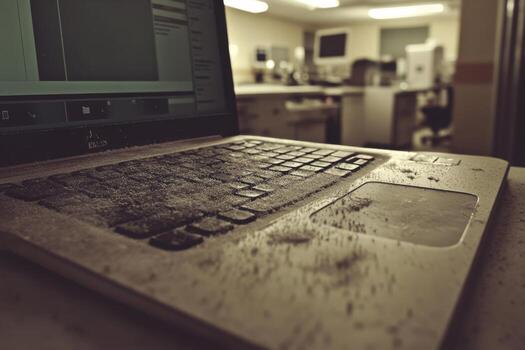 A laptop is open on a table with a lot of dust on it photo