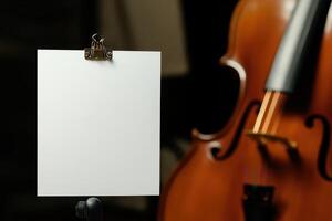 A white clipboard with a blank piece of paper is on a stand next to a cello photo