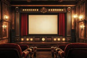 A movie theater with red curtains and a large screen photo