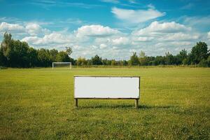 A white sign sits in a grassy field photo