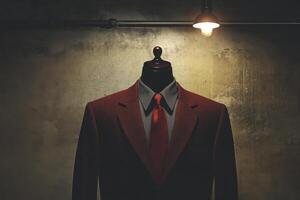 A man's suit is on display in a dimly lit room photo