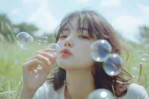 A woman is blowing bubbles in a field photo