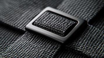 Close-up view of a black adjustable strap with a buckle. The textured nylon material is visible photo