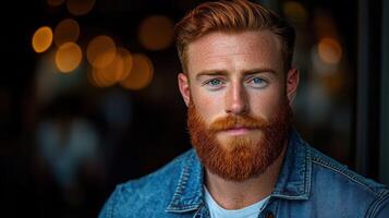 Close-up portrait of a man with a vibrant redhead and full beard. He's looking directly at the camera with a serious expression. Casual, denim jacket over a white shirt photo