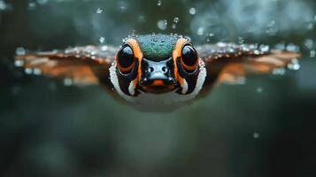 Close-up of a bird diving underwater. Water droplets surround the bird's face photo