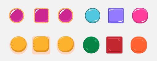 Colorful button geometric shapes in various hues. vector