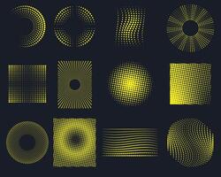 Collection of yellow halftone dotted geometric shapes on a dark background. vector