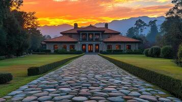 Sunset view of a grand stone mansion with cobblestone driveway, lush lawns, and mountain backdrop photo