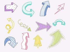 Collection of colorful and handdrawn arrows in various directions. vector