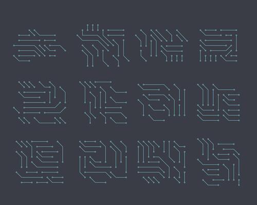 Abstract circuit board patterns in a dark background.