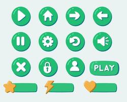 Cartoonish, rounded, green game interface buttons and controls. vector