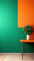vibrant room with green and orange walls features plant on orange table photo