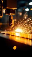 Laser cutting machine emitting bright sparks in factory setting photo