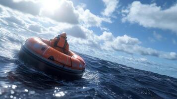 person in orange life raft navigates ocean under bright sky photo