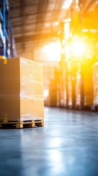 Cardboard box on pallet in sunlit warehouse, optimizing logistics photo