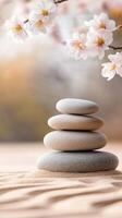 Smooth stones stacked on sand with cherry blossoms create serene scene photo