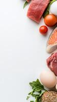 Healthy meal planning with fresh ingredients like meat, fish, and vegetables photo