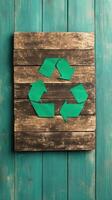 Recycling symbol on rustic wooden background, promoting sustainability photo