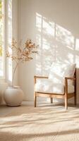cozy room with wooden chair and large vase by window photo
