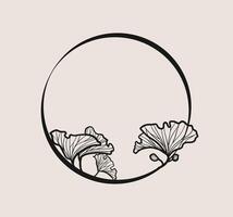 Botanical circle frame. Hand drawn round line border, leaves and flowers. vector