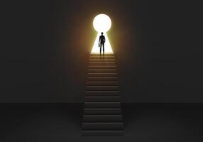 Businessman standing on the keyhole door. concept ambition and successful business photo