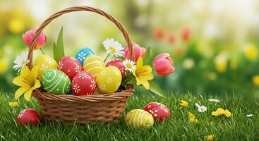 easter basket with easter eggs and tulips photo