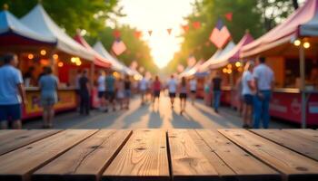 Market stalls and sunlight streaming through trees on 4th of july, wooden table for display products photo