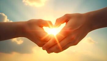 A Symbol of Warmth and Connection, Hands Forming a Heart in the Glow of the Evening Sun photo