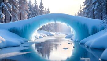 Icicles hanging from a frozen ice arch bridging over a glistening river surrounded by frosted banks and tall trees photo